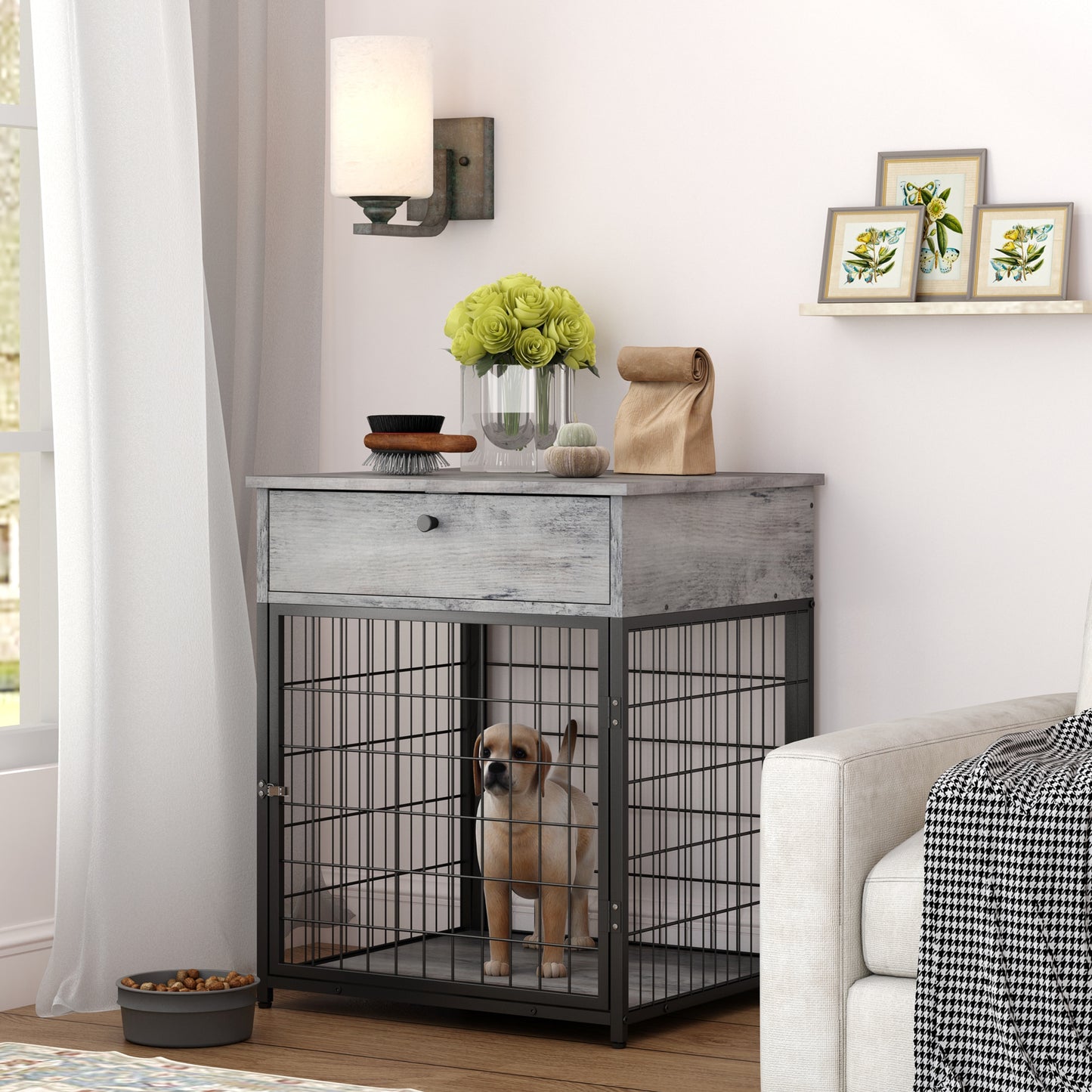 [Flash Sale] Wooden Dog Kennel Dog Crate Rustic Brown&amp;Grey End Table Nightstand[US-Stock]