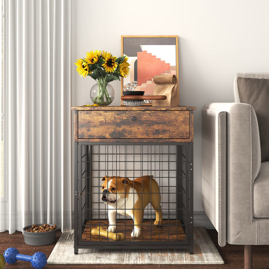 [Flash Sale] Wooden Dog Kennel Dog Crate Rustic Brown&amp;Grey End Table Nightstand[US-Stock]