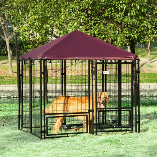 Outdoor Dog Kennel, Welded Wire Steel Fence, Lockable Pet Playpen Crate, with Water Bowl, UV-Resistant Canopy Top